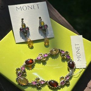 MONET - NWT - Pink/Green/Yellow/Amber Stone BRACELET EARRINGS SET